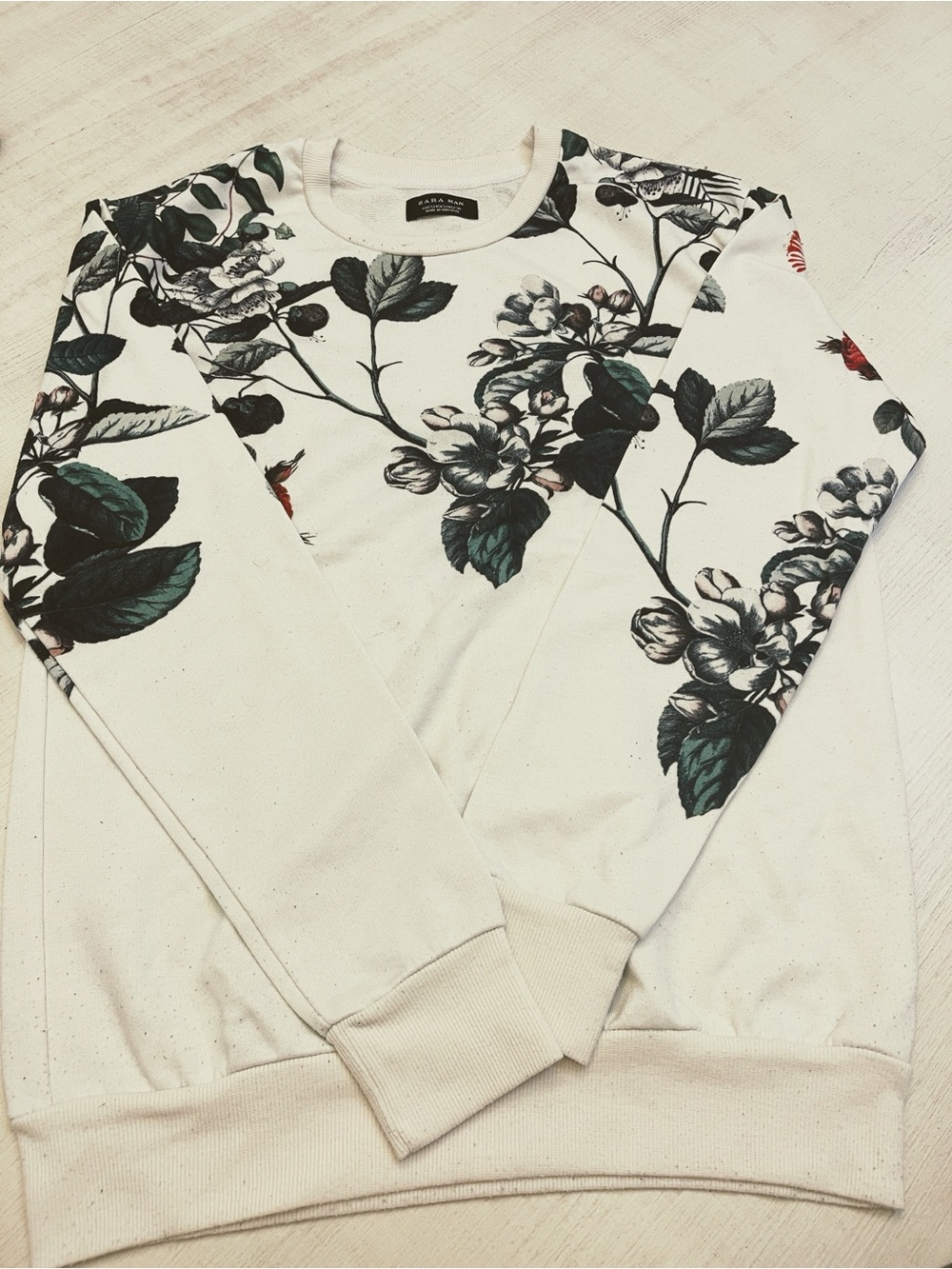 Zara Cream Crewneck Sweater with Green Botanical Print